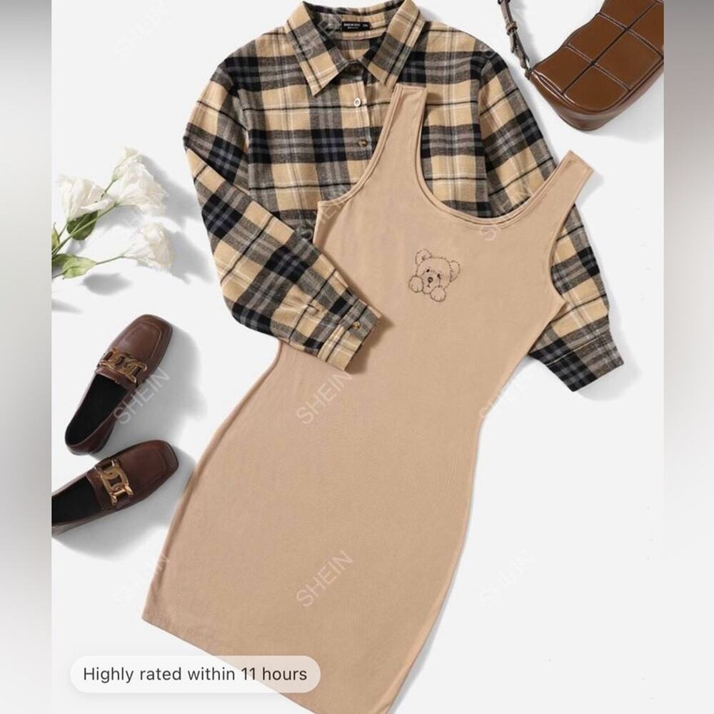 SHEIN Plus Plaid Blouse & Bear Print Bodycon Dress